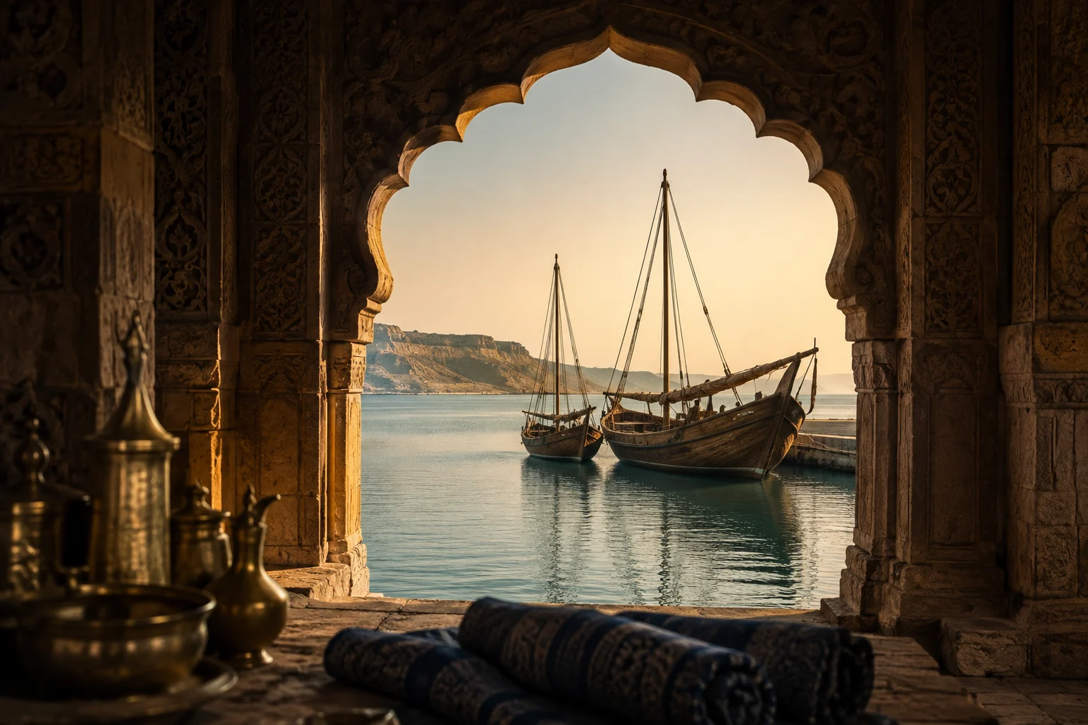 View through a carved cusped stone archway onto traditional wooden dhows moored on calm water at golden hour, with brass vessels and rolled indigo textiles in the foreground