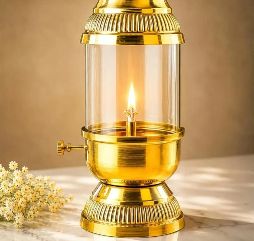 Brass Akhand Diya with Glass Chimney
