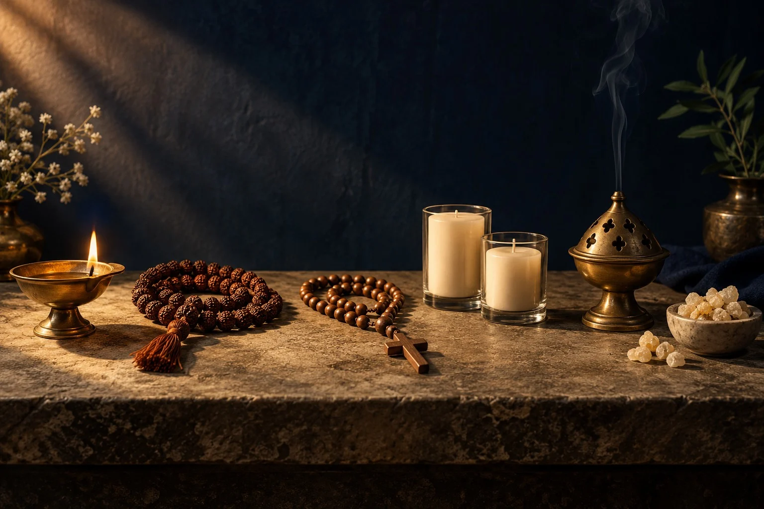 Objects from several traditions on one stone shelf: a lit brass diya, a rudraksha mala, a wooden rosary, candles in glass, a brass incense burner and frankincense resin.