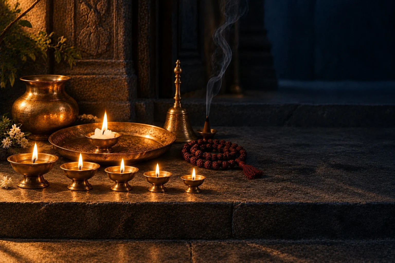A temple threshold at dusk with a row of lit brass diyas, an engraved aarti thali, a kalash, a temple bell and a rudraksha mala on worn stone.