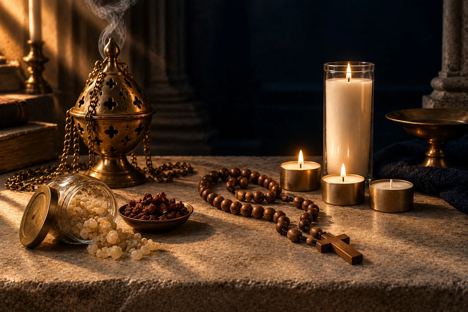 A brass thurible with rising smoke beside frankincense and myrrh resin, an olive wood rosary and lit votive candles.