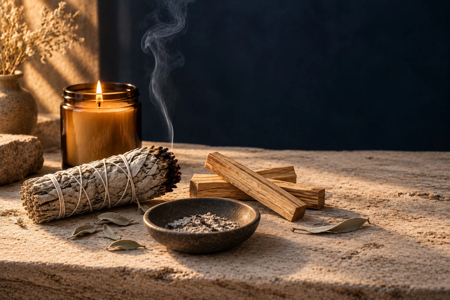 A smouldering white sage bundle with palo santo sticks, an ash dish and a lit soy candle in unlabelled amber glass.