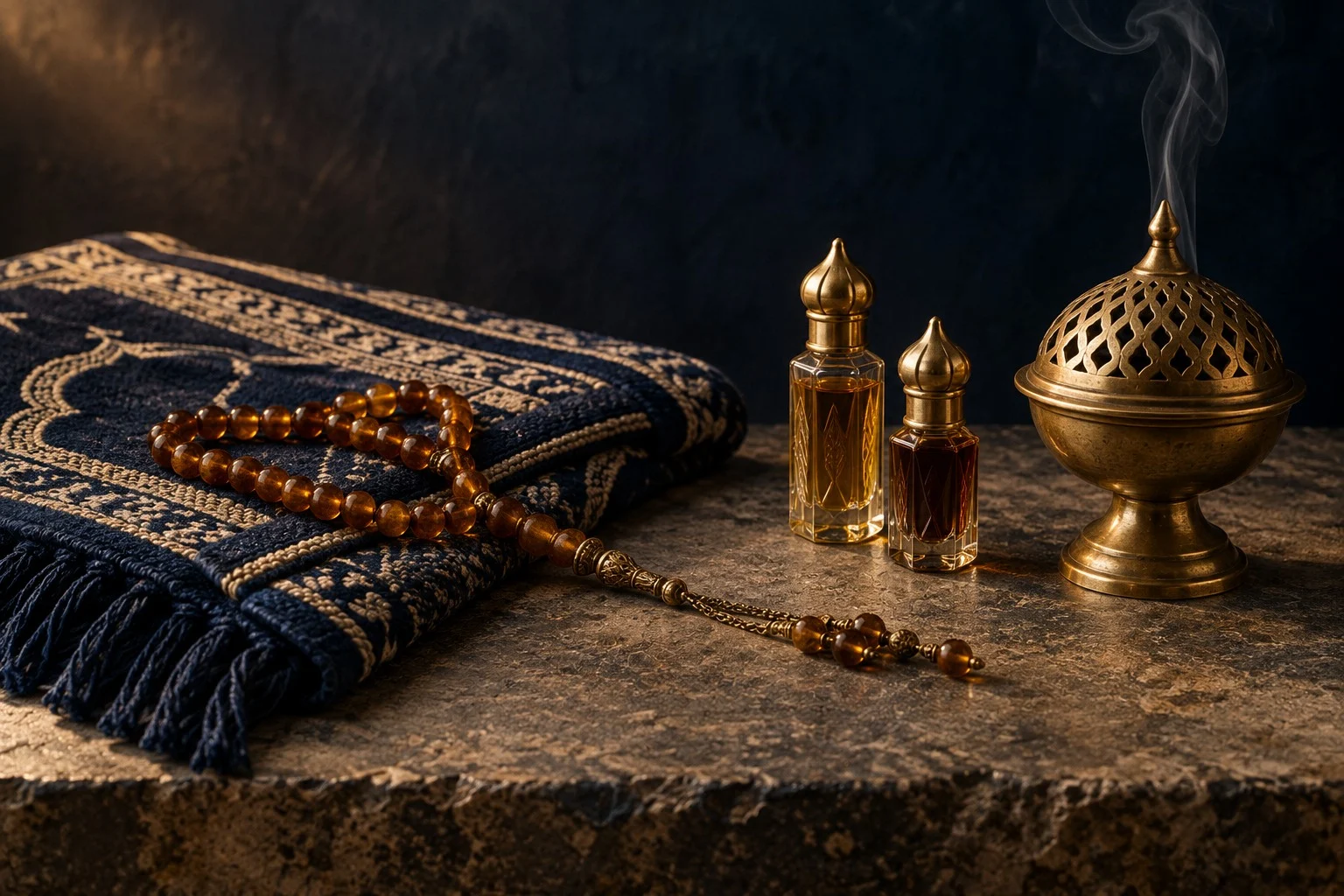 A folded indigo prayer mat with an amber tasbih, two attar bottles and a pierced brass bakhoor burner.