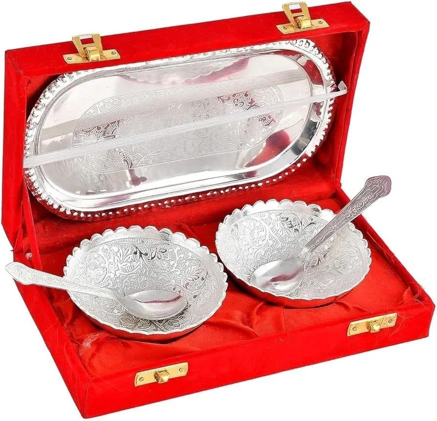 Silver-Finish Bowl Set with Tray — 5 Piece