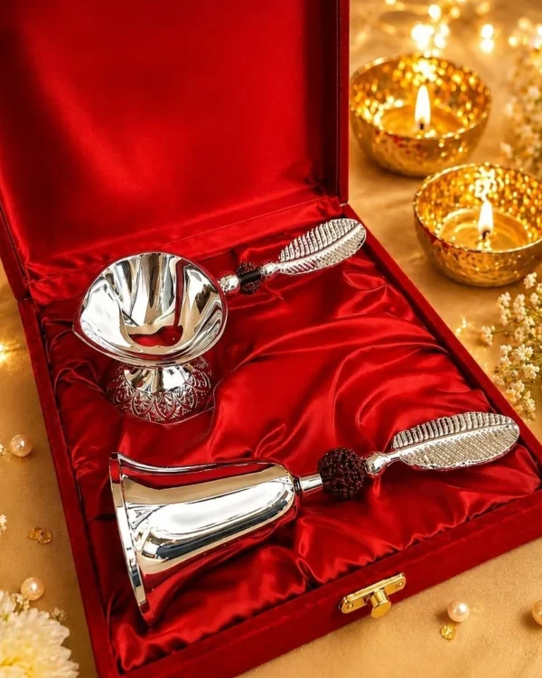 Silver-Finish Diya & Bell Set