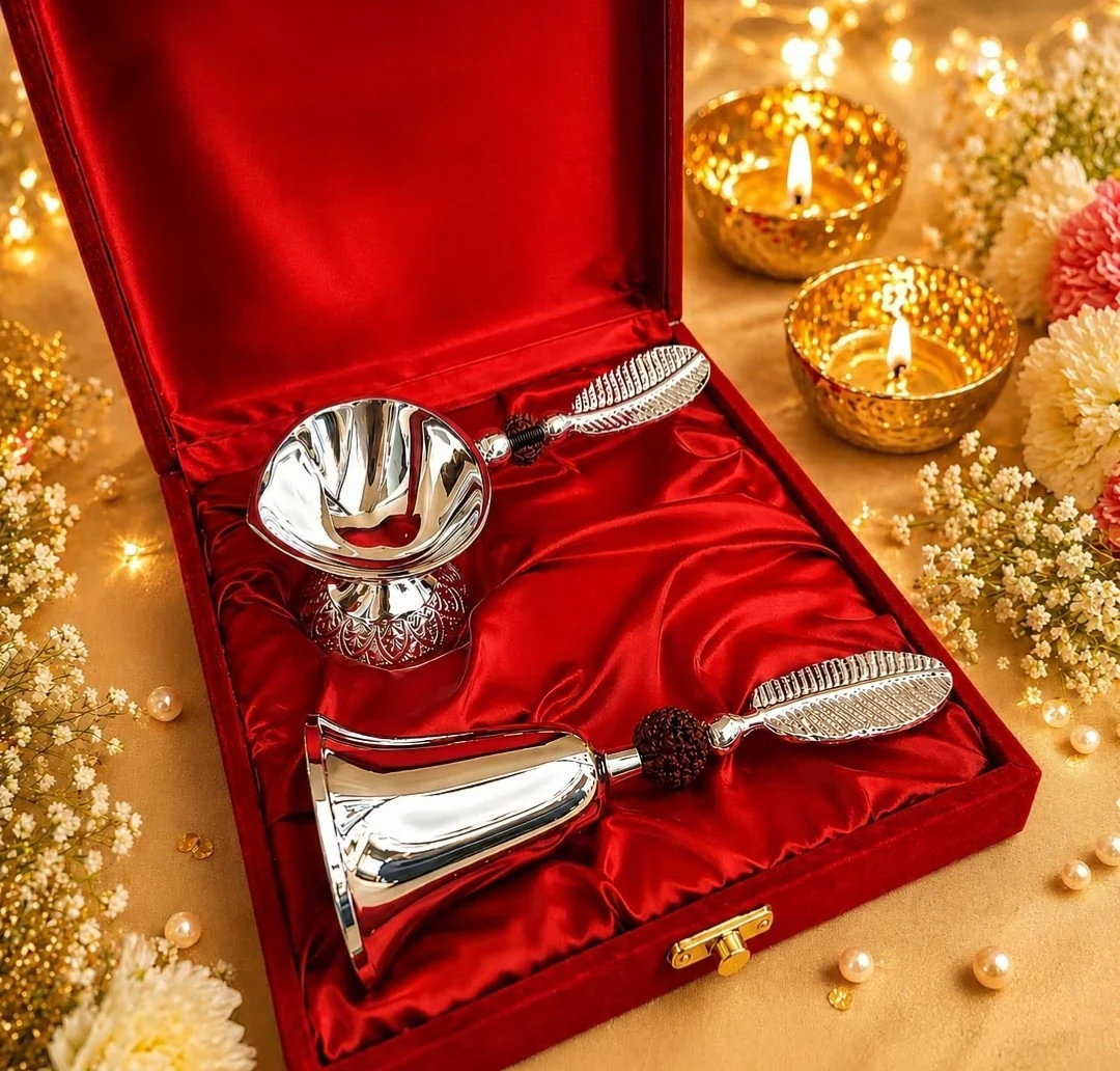 Silver-Finish Diya & Bell Set
