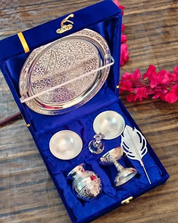 Silver-Finish Puja Thali Set — 7 Piece
