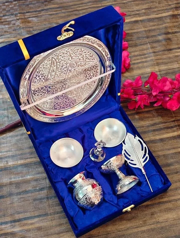 Silver-Finish Puja Thali Set — 7 Piece
